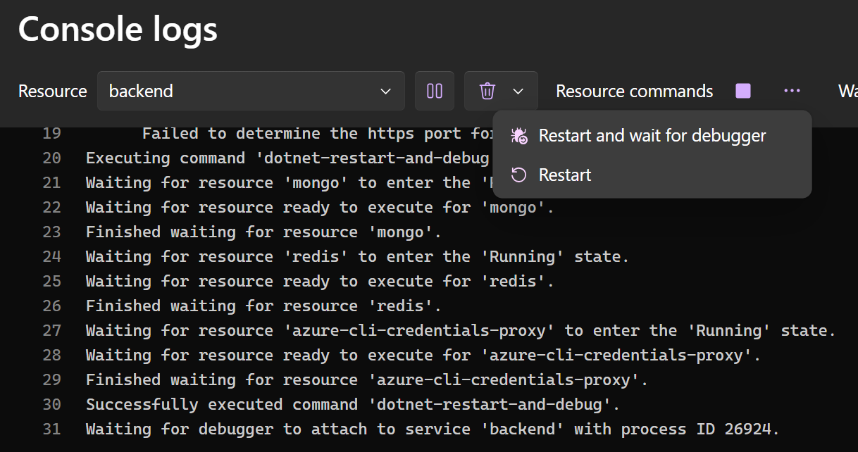 Our custom command to attach to the debugger on startup prints the process ID in the logs.