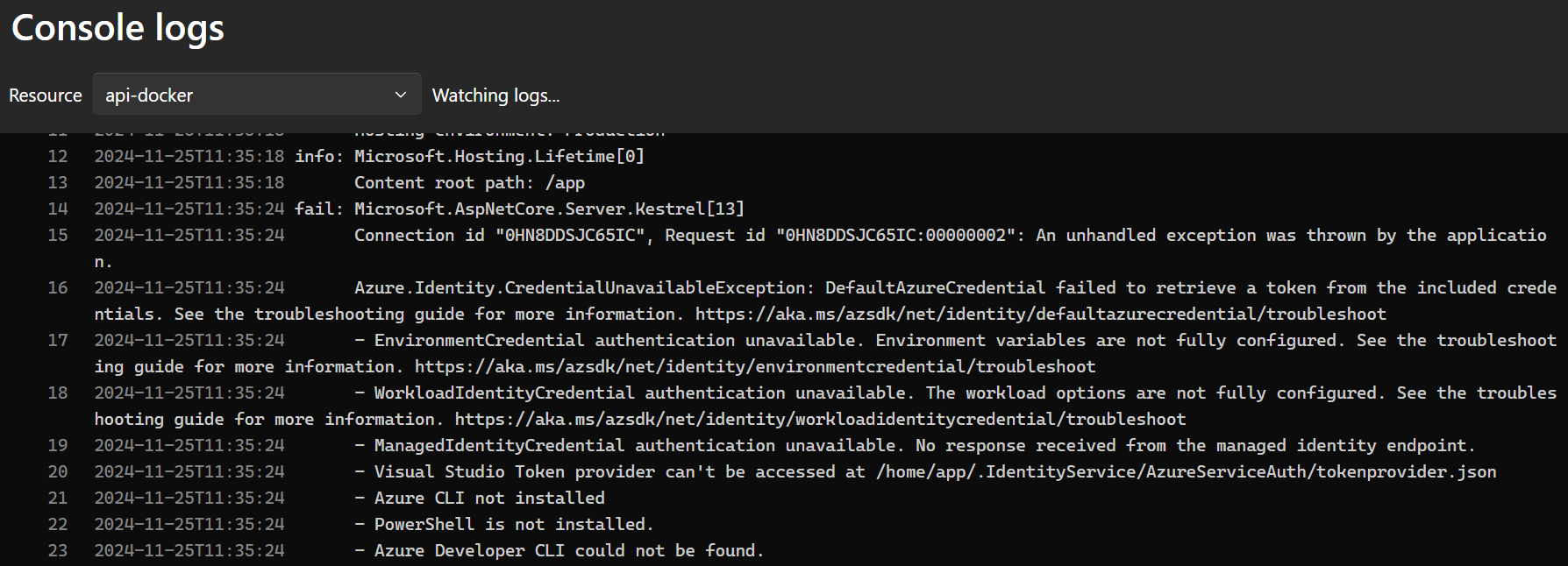 This is how a containerized .NET application crashes when an Azure identity isn’t available