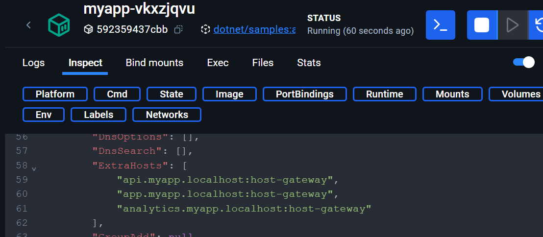 The container is now aware of our custom hosts and will redirect the traffic to the host